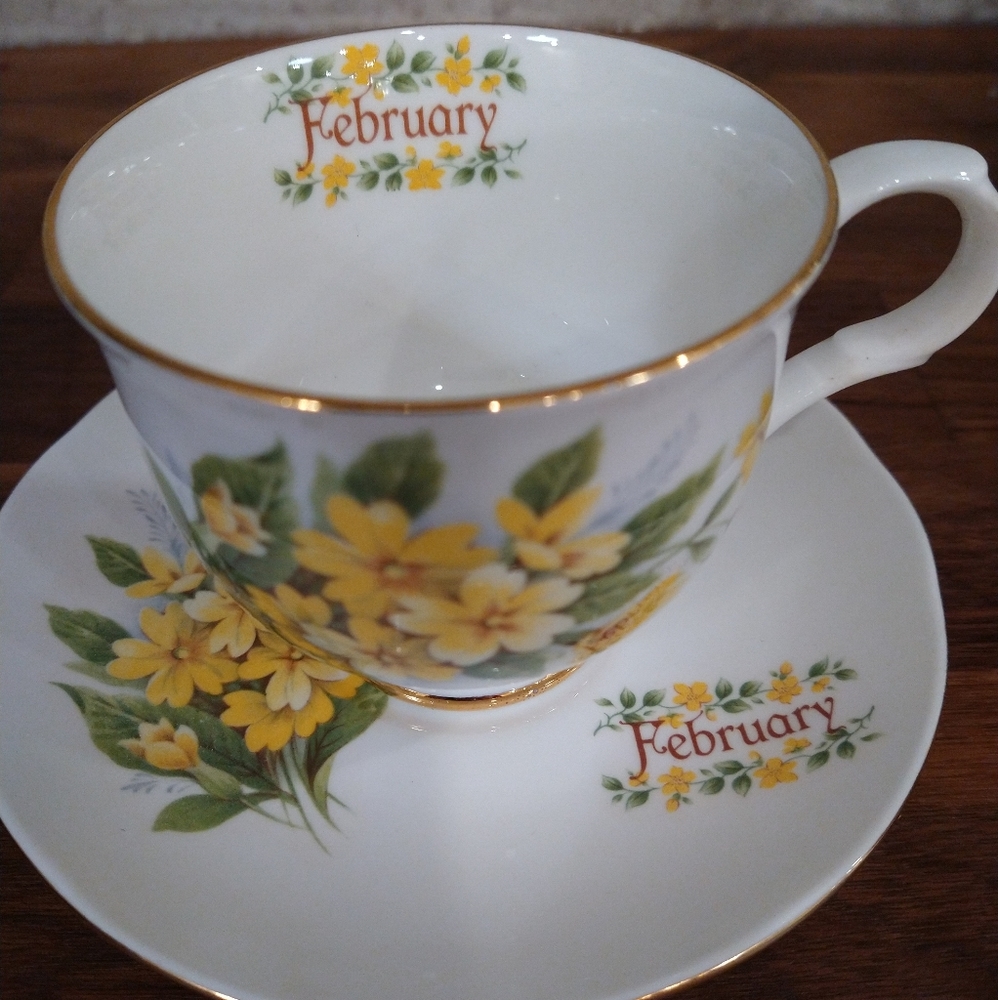 Teacup and saucer February yellow flower Sadler Wellington made in England